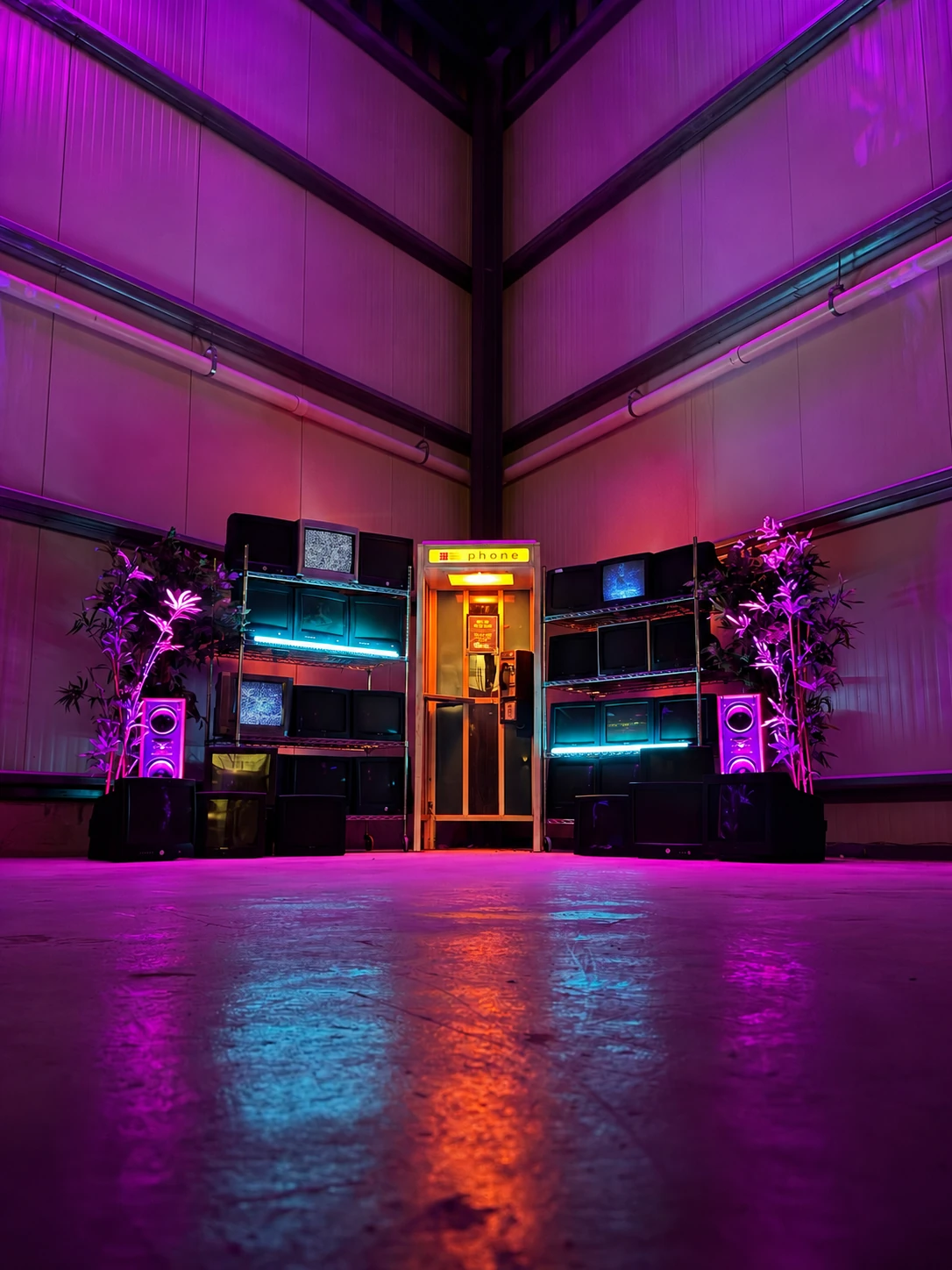 Payphone installation between CRT television shelves under purple and cyan light